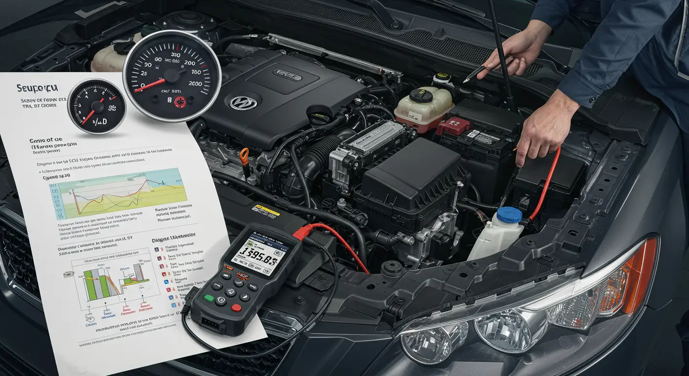 Imaginea prezintă un mecanic auto verificând unitatea de control a motorului (ECU) într-un vehicul, cu un laptop conectat pentru diagnosticare, în contextul discuției despre semnele și soluțiile pentru un ECU defect.