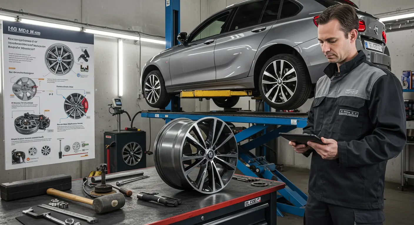 Imaginea prezintă un mecanic care inspectează o jantă de automobil deteriorată, încercând să determine dacă poate fi reparată sau necesită înlocuire.