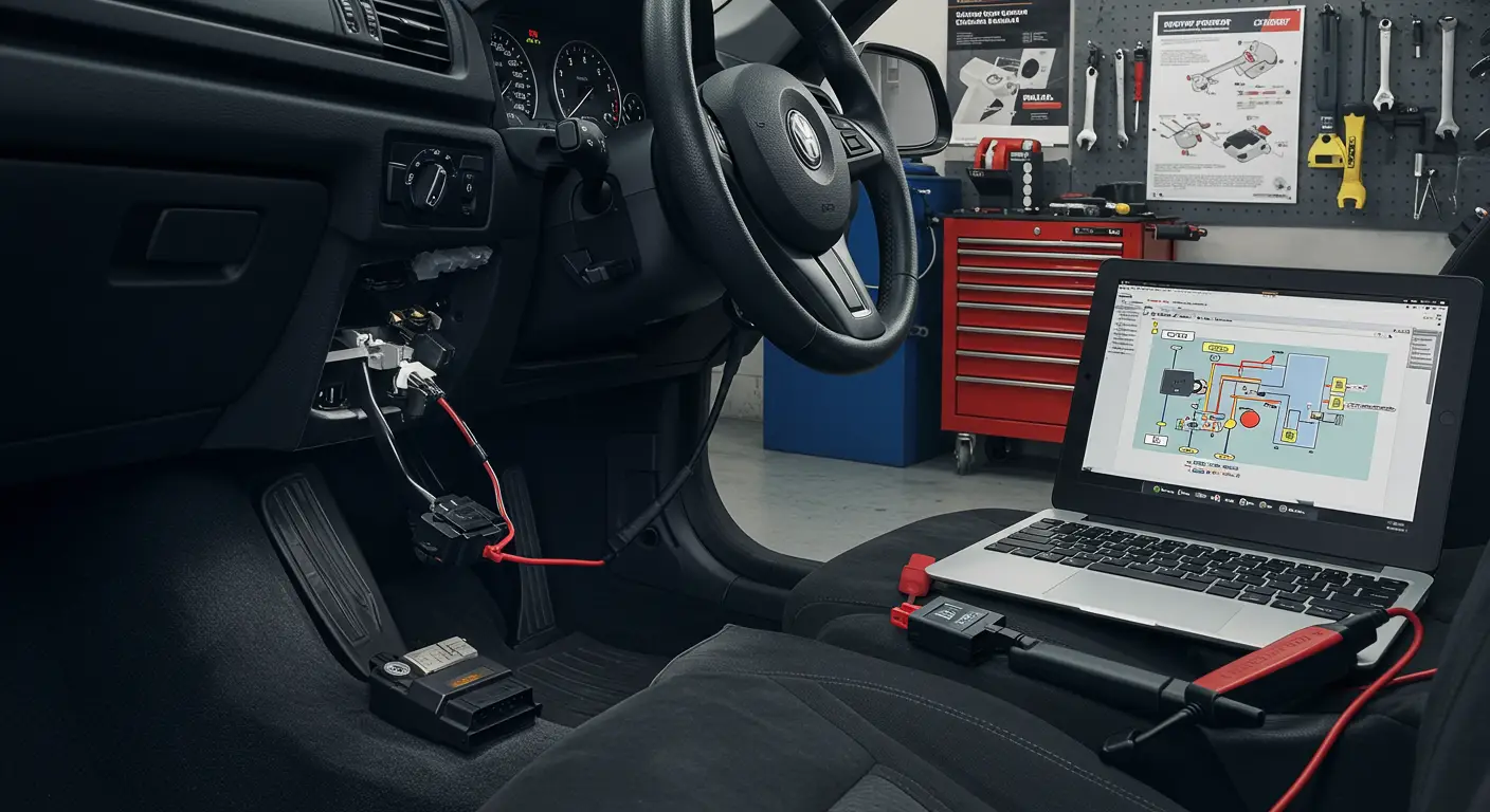 Imaginea prezintă un mecanic care inspectează și testează un senzor de poziție a pedalei de frână într-un atelier auto, având alături un set de unelte și un manual de reparații auto.