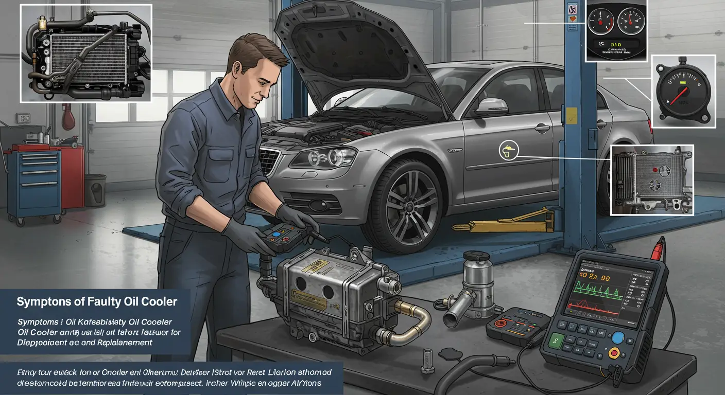 Imaginea prezintă un mecanic care inspectează un motor de automobil pentru a diagnostica simptomele unui radiator de ulei defect, cum ar fi scurgerile de ulei și supraîncălzirea motorului.
