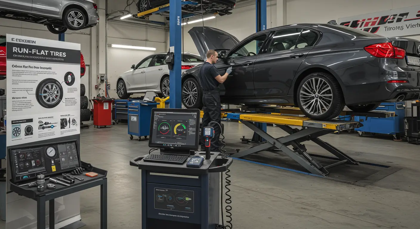Imaginea prezintă un mecanic verificând o anvelopă run-flat într-un atelier auto, evidențiind problemele comune și metodele de diagnosticare ale acestor tipuri de anvelope.