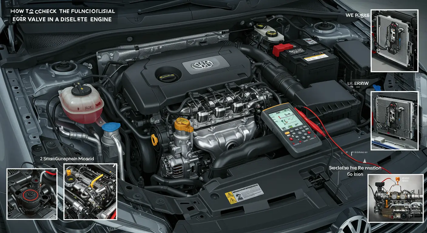Imaginea prezintă un mecanic verificând supapa EGR a unui motor diesel, cu unelte și un manual de instrucțiuni lângă el, ilustrând pașii pentru a testa funcționalitatea acesteia.