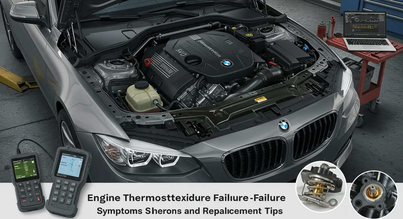 Imaginea prezintă un mecanic verificând un termostat de motor defect, cu unelte și componente auto în prim-plan, ilustrând simptomele și sfaturi pentru înlocuirea termostatului.