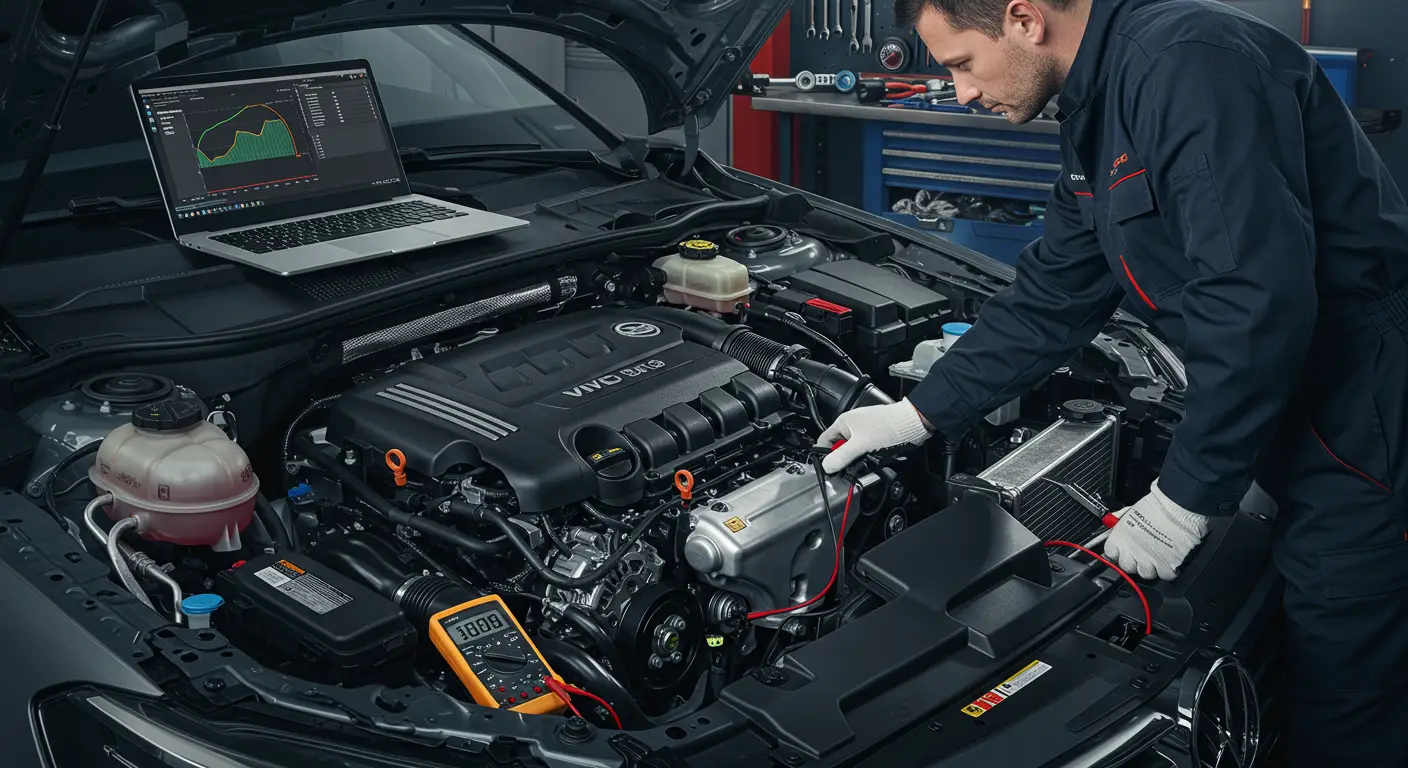 Imaginea prezintă un motor auto cu un senzor de presiune a uleiului, însoțit de diagrame și unelte de diagnosticare, ilustrând simptomele unui senzor de presiune a uleiului defect și procesul de înlocuire a acestuia.