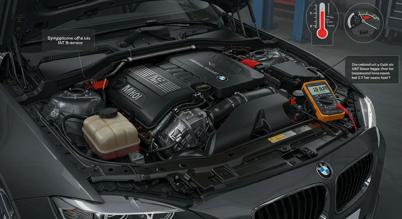 Imaginea prezintă un motor de mașină cu diverse componente evidențiate, indicând simptomele unui senzor de temperatură a aerului de admisie (IAT) defect, cum ar fi performanța scăzută a motorului și consumul crescut de combustibil.