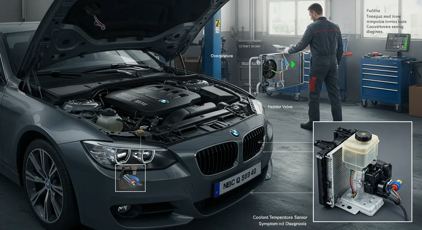 Imaginea prezintă un motor de mașină cu un senzor de temperatură a lichidului de răcire defect, evidențiat de un indicator de avertizare pe tabloul de bord; sunt vizibile simptome precum supraincalzirea motorului și performanța redusă.