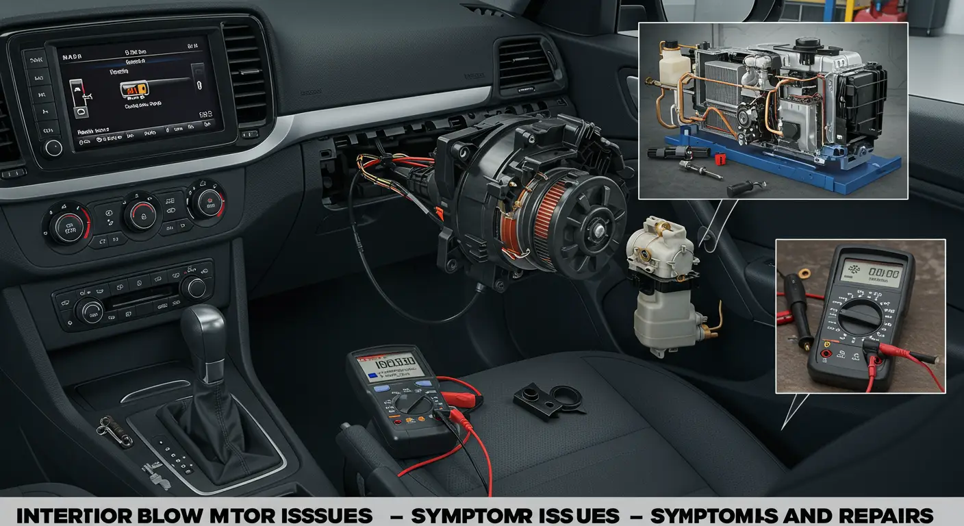 Imaginea prezintă un motor de ventilator auto demontat, cu piese componente vizibile, evidențiind simptomele și etapele de reparație pentru problemele legate de funcționarea acestuia în interiorul vehiculului.