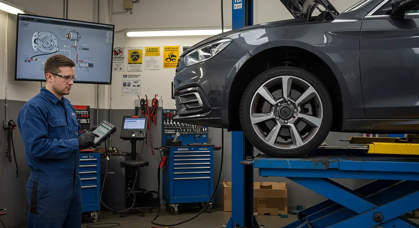 Imaginea prezintă un panou de bord auto cu indicatorul ABS luminat, sugerând o problemă potențială cu sistemul de frânare antiblocare; textul discută cauzele frecvente și metodele de diagnostic pentru această situație comună.
