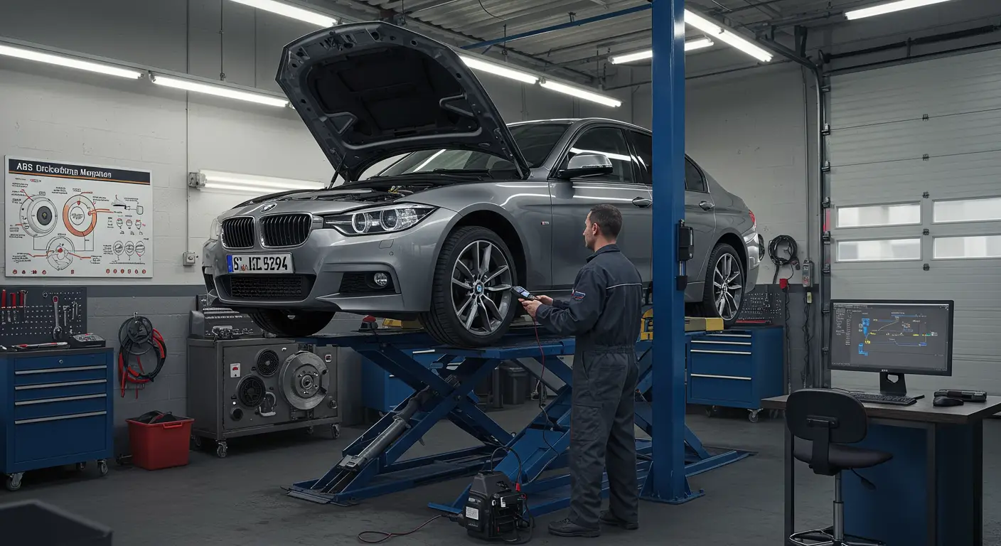 Imaginea prezintă un panou de bord auto cu lumina de avertizare a sistemului ABS aprinsă, indicând o posibilă problemă cu sistemul de frânare antiblocare; cauzele comune includ senzorii deteriorați sau nivelul scăzut de lichid de frână.