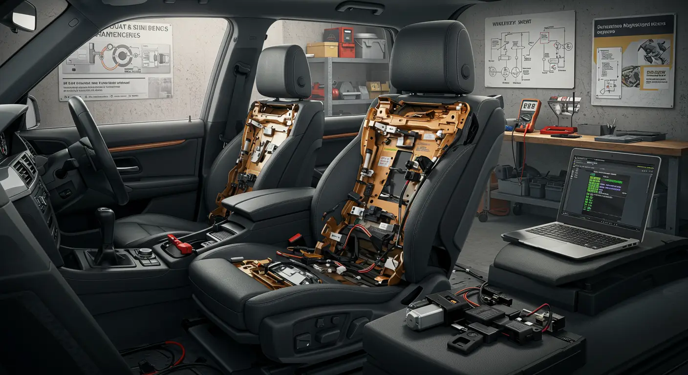 Imaginea prezintă un scaun auto cu reglaje electrice, evidențiind diverse butoane și comenzi; textul asociat discută despre problemele frecvente ale scaunului electric, simptomele acestora, metode de diagnosticare și reparare.