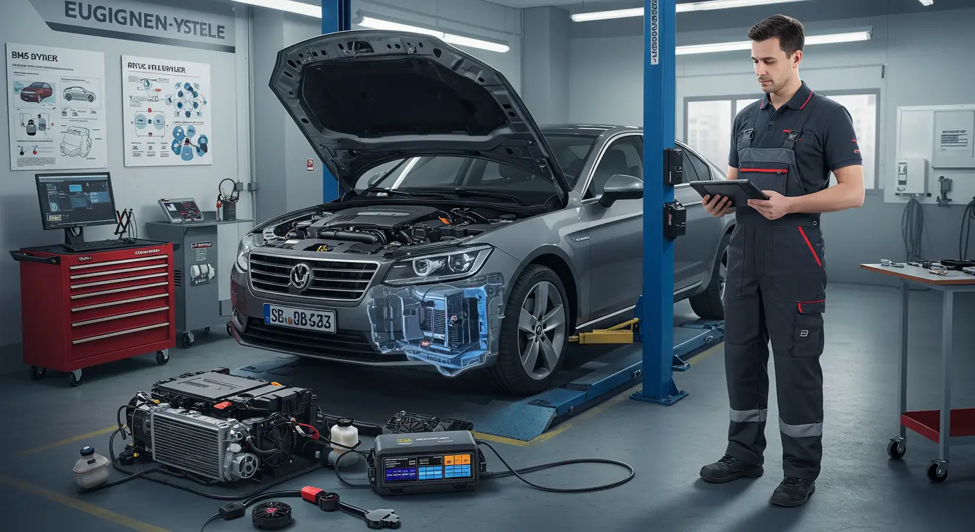 Imaginea prezintă un tehnician auto care folosește un multimetru pentru a verifica tensiunea unei baterii, în cadrul procesului de diagnosticare a problemelor unui sistem de gestionare a bateriei (BMS) defectuos.