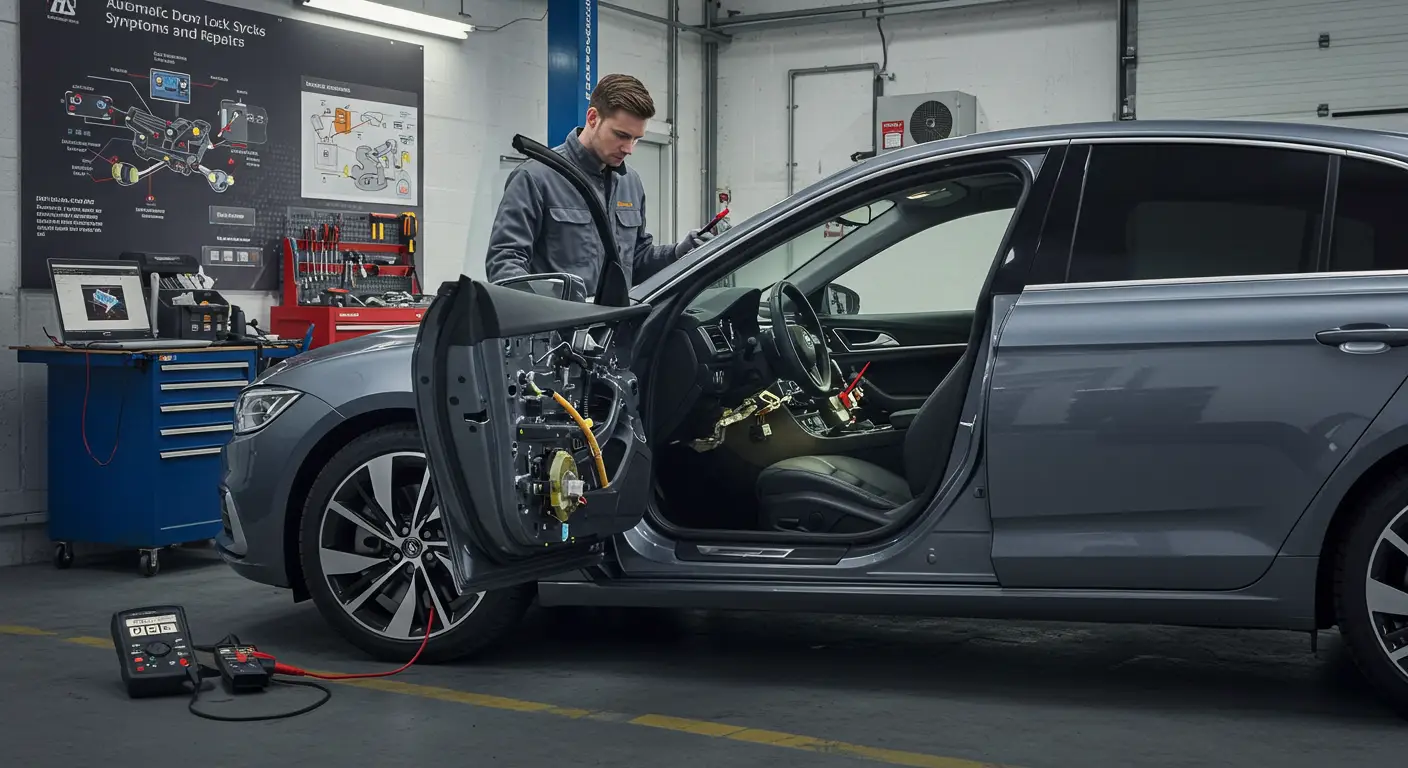 Imaginea prezintă un tehnician auto care inspectează și repară mecanismul de închidere automată a ușilor unei mașini, ilustrând simptome comune și soluții pentru problemele cu încuietorile electrice.