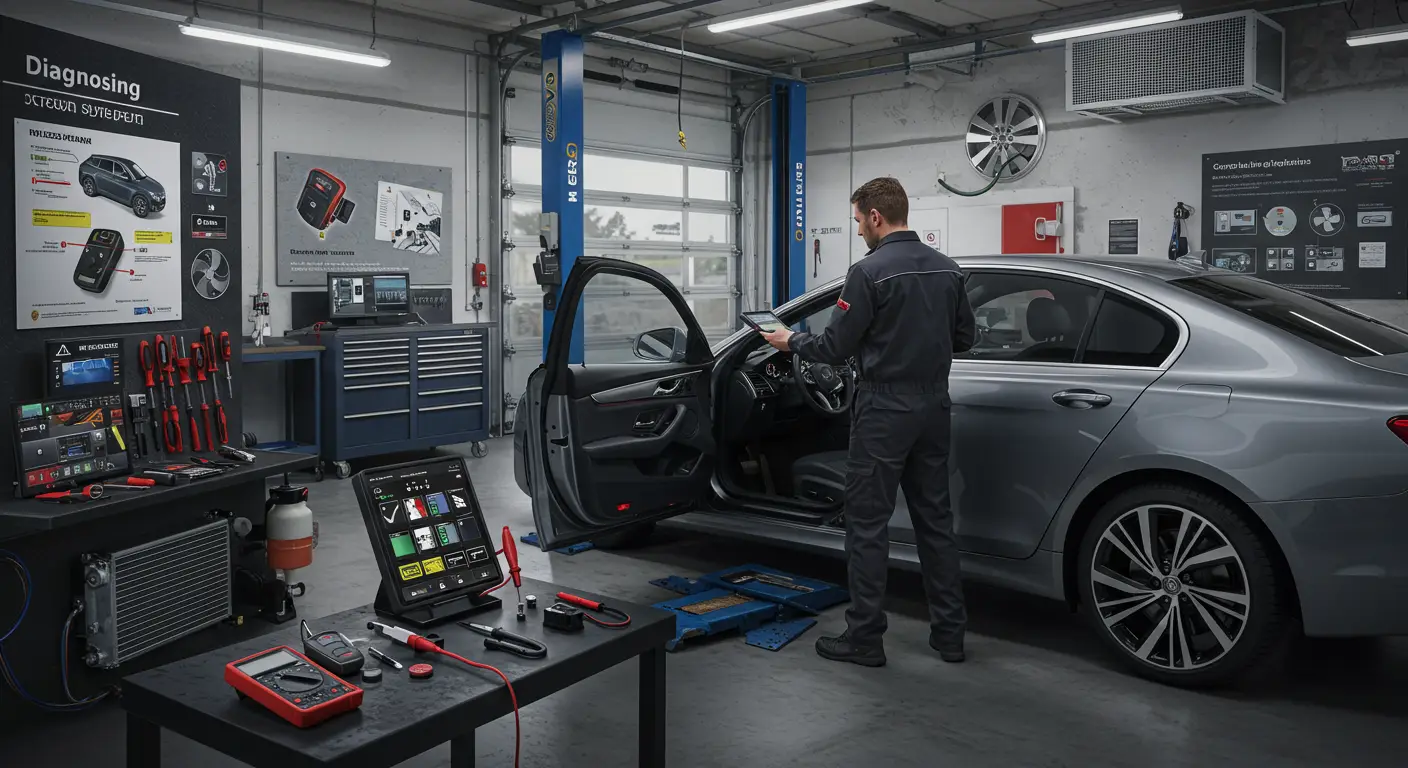 Imaginea prezintă un tehnician auto care utilizează un dispozitiv de diagnosticare pentru a identifica problemele unui sistem de acces fără cheie al unei mașini, evidențiind simptome și soluții pentru remedierea acestora.