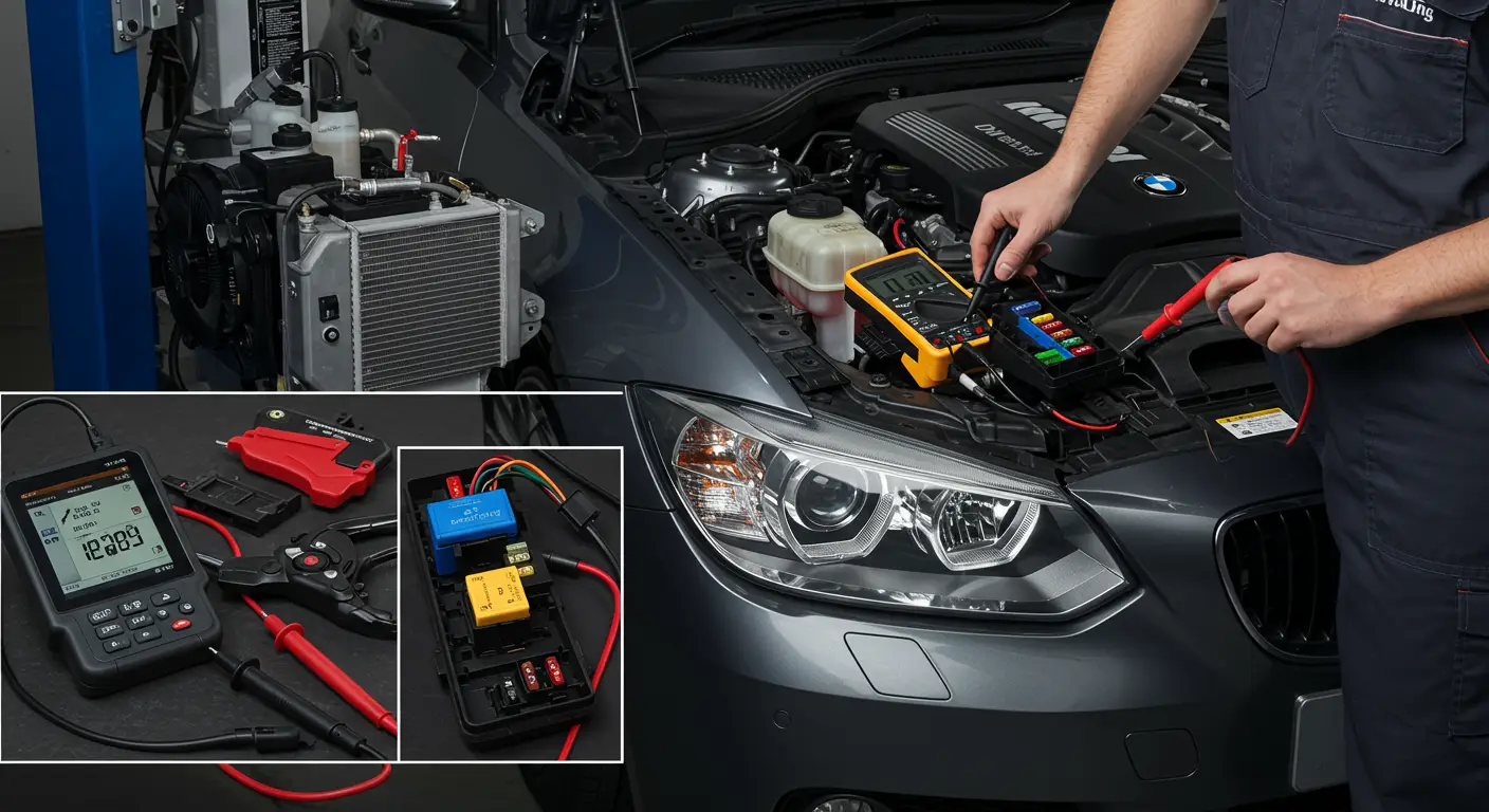 Imaginea prezintă un vehicul cu farurile stinse, punând în evidență posibilele cauze și soluții pentru defectarea farurilor, cum ar fi becuri arse, siguranțe defecte sau probleme electrice.