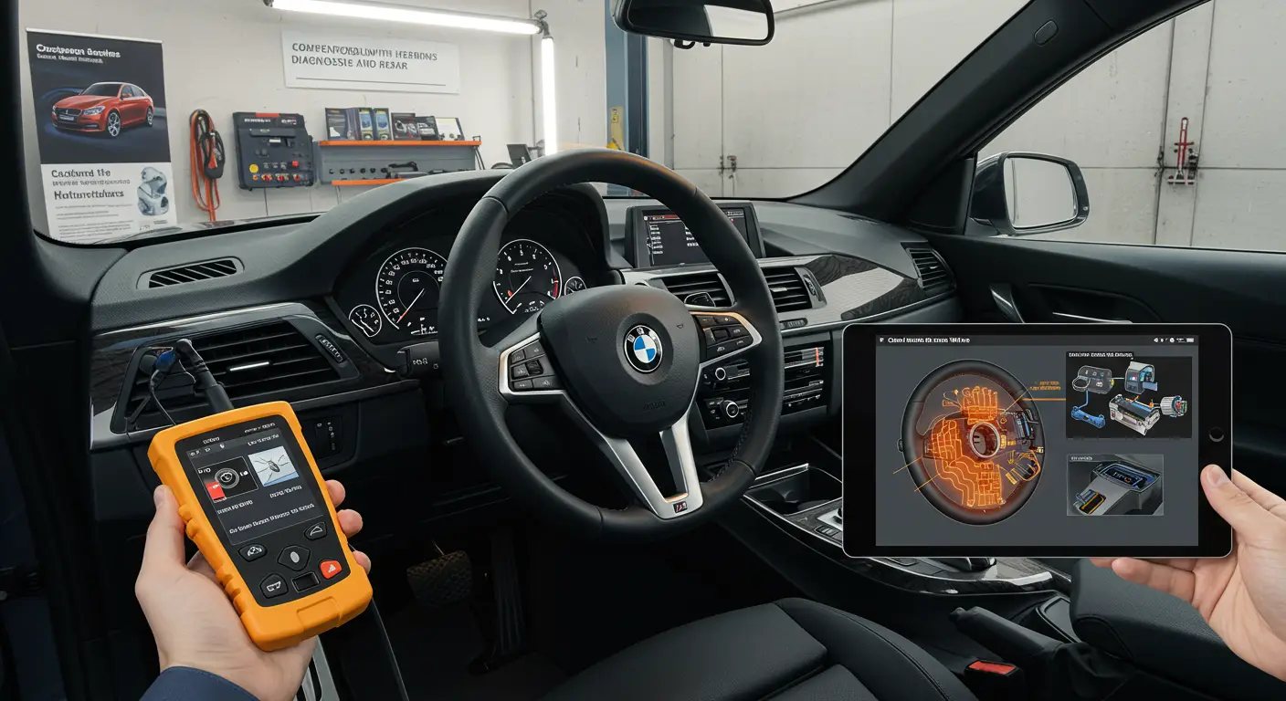 Imaginea prezintă un volan auto, evidențiind secțiunea de control pentru încălzirea acestuia, ilustrând probleme comune și soluții de diagnosticare și reparare a volanelor încălzite.