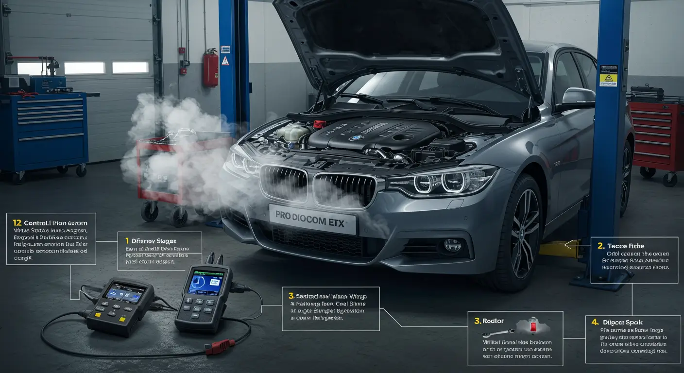 O imagine a unui autoturism parcat, din al cărui eșapament iese fum alb, ilustrând cauzele, diagnosticarea și soluțiile pentru fumul alb de eșapament.