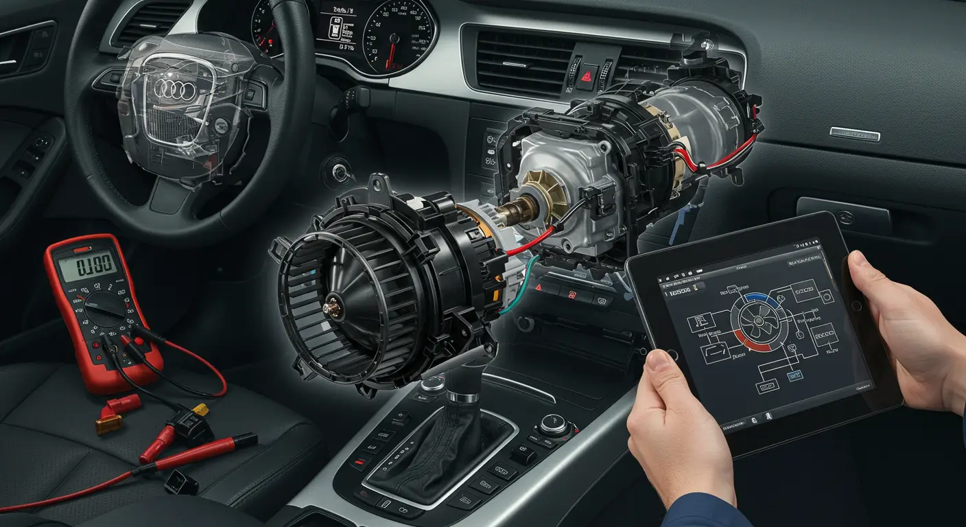 O imagine care arată un mecanic auto examinând motorul unui ventilator de interior într-o mașină, evidențiind simptomele și procedurile de reparare ale problemelor motorului suflantei interioare.