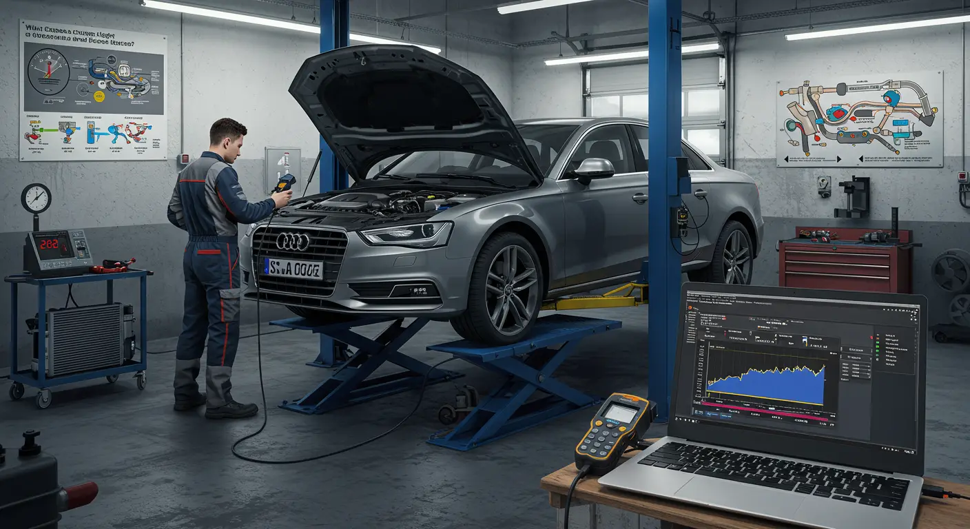 O imagine care arată un mecanic auto verificând sistemul de evacuare al unei mașini pentru a diagnostica cauzele aprinderii luminii de verificare a motorului, cu un fundal de unelte și echipamente de diagnosticare utilizate în reparații auto.