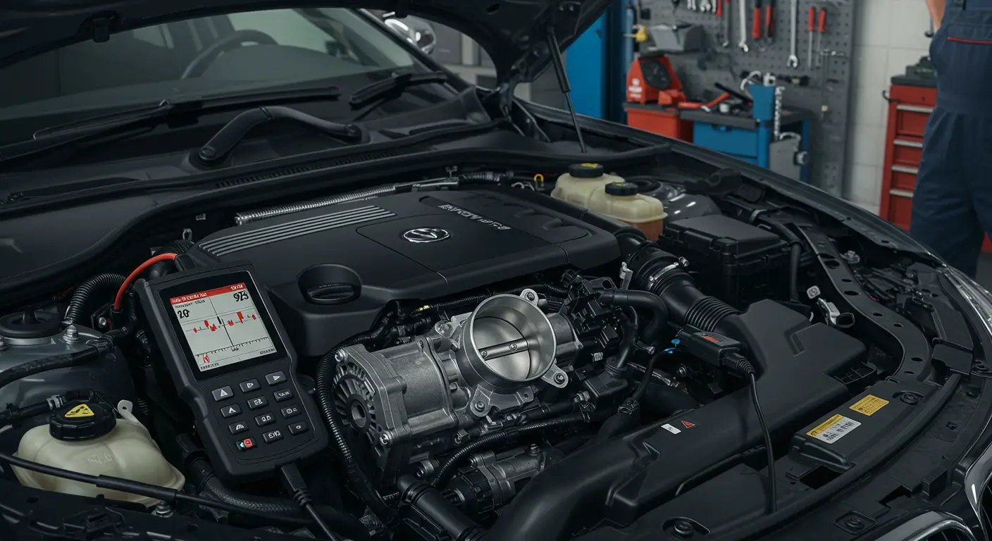 O imagine care ilustrează simptomele unei calibrări incorecte a senzorului de poziție a clapetei de accelerație (TPS) la un automobil, prezentând un panou de bord cu lumina de avertizare a motorului aprinsă și un grafic al fluctuațiilor de turație ale motorului.