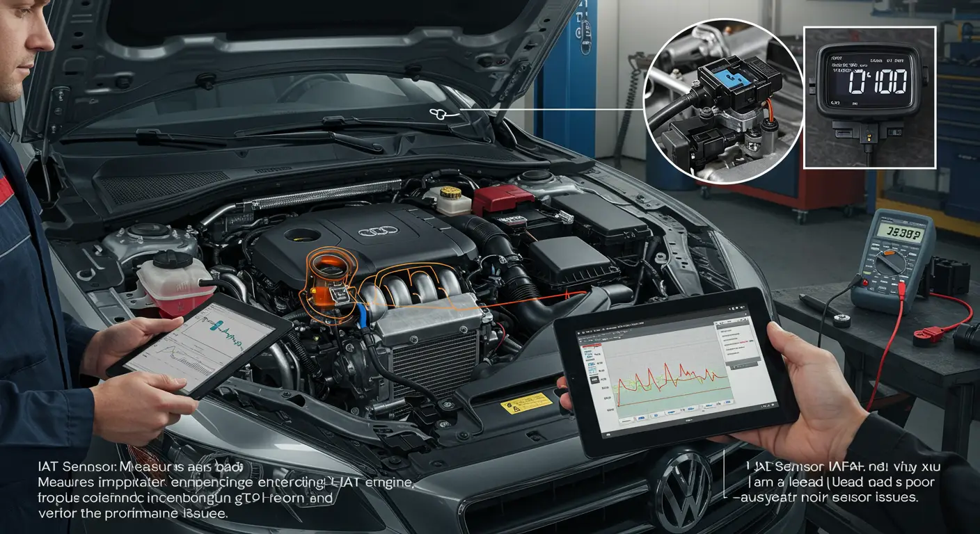 O imagine ce ilustrează un motor auto, evidențiind locația senzorului de temperatură a aerului de admisie (IAT), însoțită de simptome precum pornirea dificilă a motorului, scăderea eficienței consumului de combustibil și performanța slabă a vehiculului.
