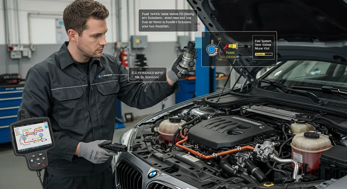 O imagine ilustrând un mecanic auto inspectând supapa de ventilație a rezervorului de combustibil, în contextul problemelor comune și soluțiilor asociate acesteia.