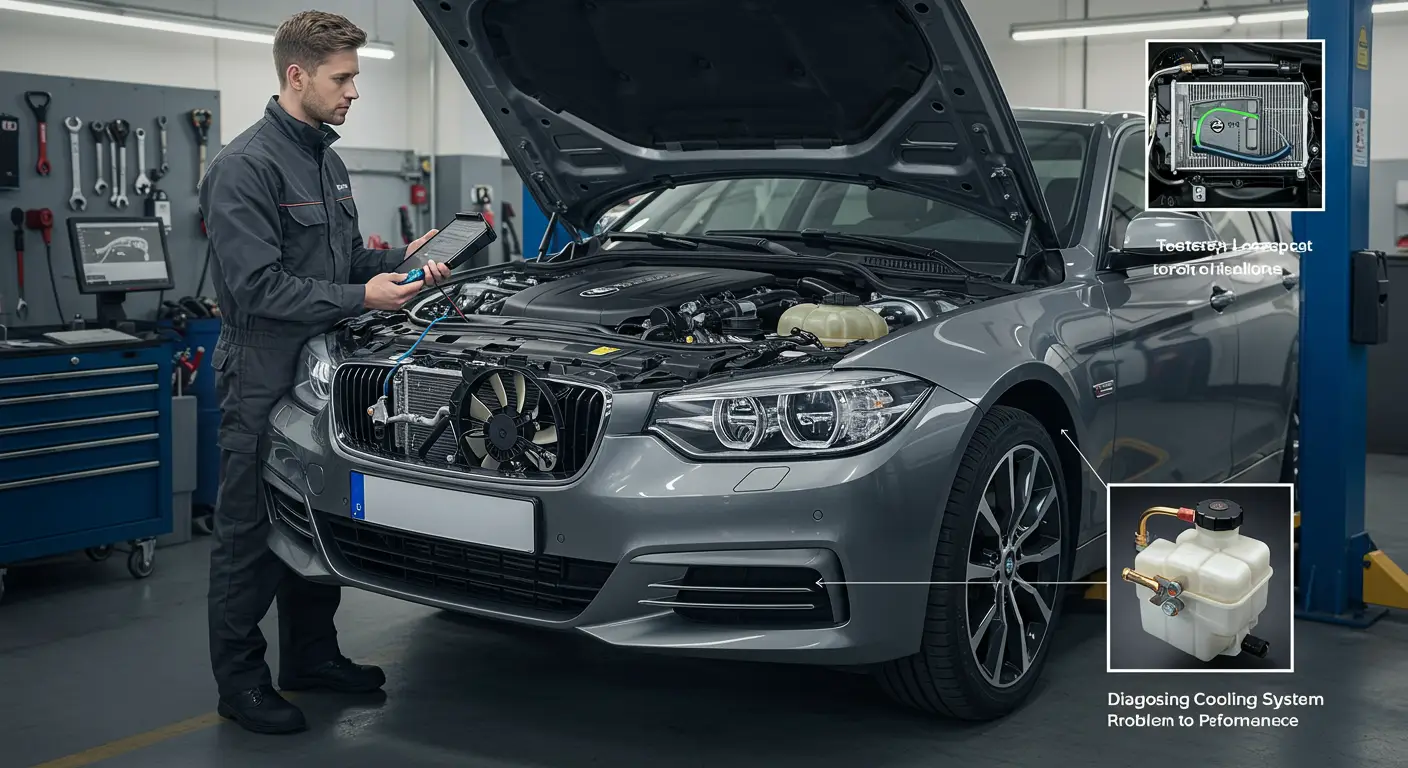 O mecanic auto inspectează sistemul de răcire al unui motor, verificând componente precum radiatorul și furtunurile pentru a diagnostica probleme care afectează performanța motorului.
