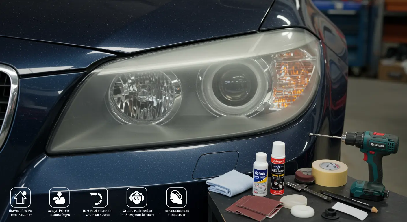 Pentru a repara farurile auto cețoase sau opace, curățați suprafața cu o soluție de curățare specifică, șlefuiți cu hârtie abrazivă fină dacă este necesar și aplicați un strat de protecție UV pentru a preveni viitoarele deteriorări.