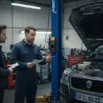 DEF Probleme: simptome, cauze, soluții; mașină în service cu DEF defect, mecanic investigând și rezervoare DEF vizibile.