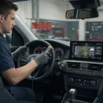 Image of a mechanic diagnosing car infotainment system issues, highlighting common problems in Romanian automotive technology.