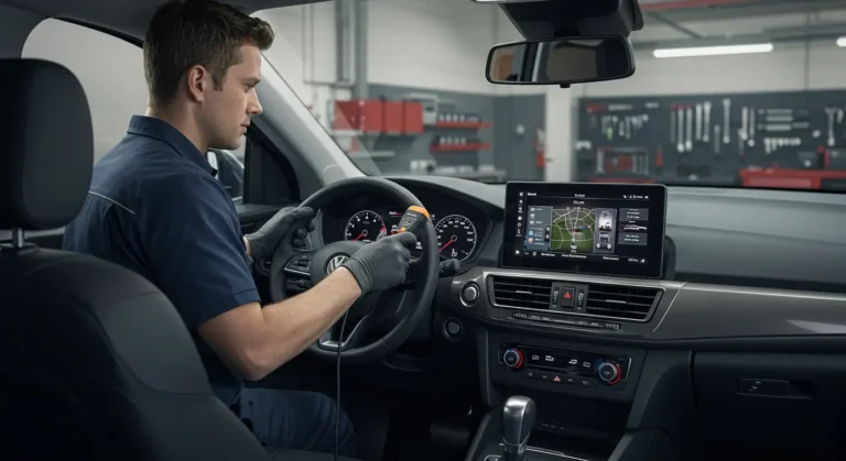 Image of a mechanic diagnosing car infotainment system issues, highlighting common problems in Romanian automotive technology.