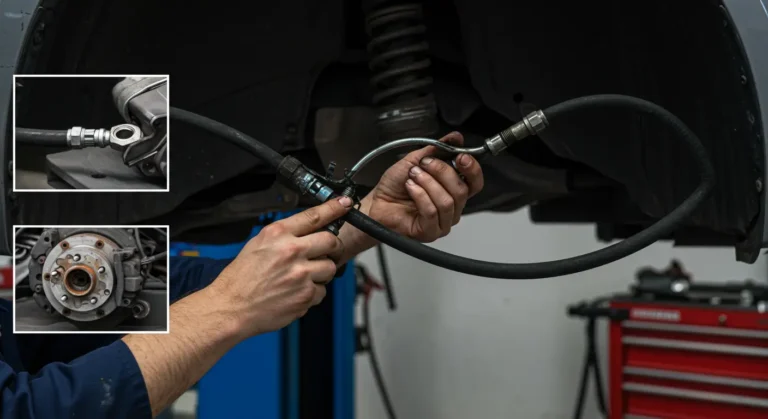 Descriere imagine: Probleme furtun frână auto - simptome uzură, diagnosticare, înlocuire. Semne: scurgeri lichid, presiune inegală. Nume fișier: Diagnosticare_Furtun_Frană_Auto.jpeg