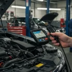 Imagine auto cu senzor lambda defect, diagnosticare și reparații. Vehicul pe elevator cu mecanic verificând senzorul. Problema emisiilor și consumului.