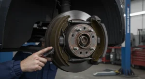 "Probleme tambur frână: simptome comune și reparații auto" - imagine despre defecțiuni frână tambur, semne uzură și soluții reparații.