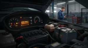 Semne că vehiculul tău necesită înlocuirea bateriei: pornire grea, faruri slabe, miros de sulf, simbol baterie aprins pe bord.