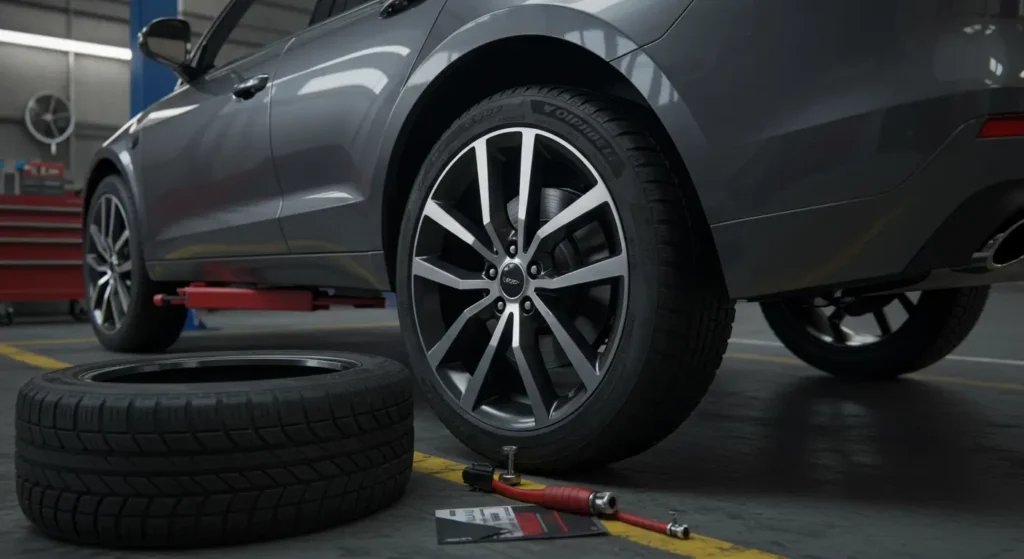 "Semne Anvelope Suprainflate/Desumflate: Soluții Auto în Română" - Pictogramă anvelope cu presiune, simboluri avertizare și indicatoare soluții.