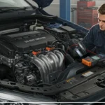 Diagnosticare probleme senzor presiune rampă combustibil: simptome și soluții. Imagine cu detalii tehnice auto, evidențiind senzorul și sistemul de alimentare combustibil.