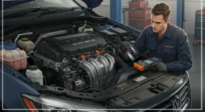 Diagnosticare probleme senzor presiune rampă combustibil: simptome și soluții. Imagine cu detalii tehnice auto, evidențiind senzorul și sistemul de alimentare combustibil.