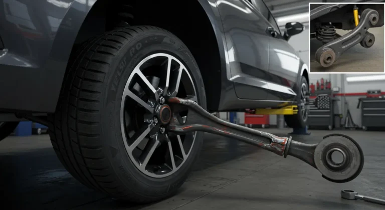 Braț de control deteriorat: simptome, diagnosticare și reparație auto. Imagine cu detalii despre uzură, zgomote și mișcare necontrolată a direcției.