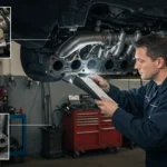 Descriere: Ghid identificare scurgeri garnitura galerie evacuare – simptome și reparații auto. Imagine: simptome_garnitura_scurgere_evacuare_auto.jpg