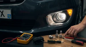 Descriere imagine: Simptome și soluții pentru faruri de ceață defecte: iluminare slabă, întreruperi; verificare conexiuni, înlocuire bec, curățare contact. Nume imagine: simptome-solutii-faruri-ceata.