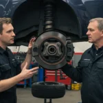 Imagine descriind simptomele și soluțiile pentru problemele cu bucșele suspensiei auto, indicând semne vizibile și metode de remediere.