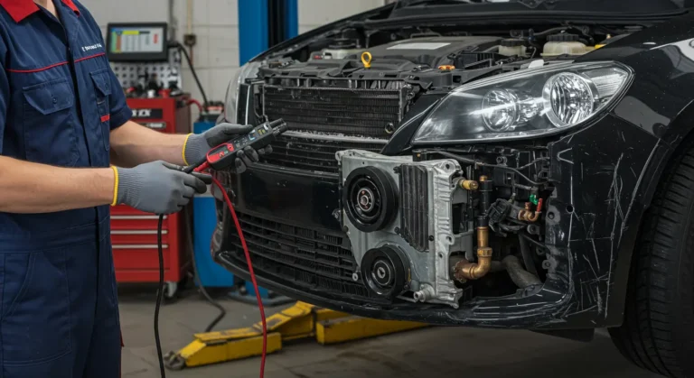 Simptome condensator A/C defect: scurgeri lichid, răcire insuficientă, zgomote neobișnuite. Diagnosticare și remediere auto eficiente.