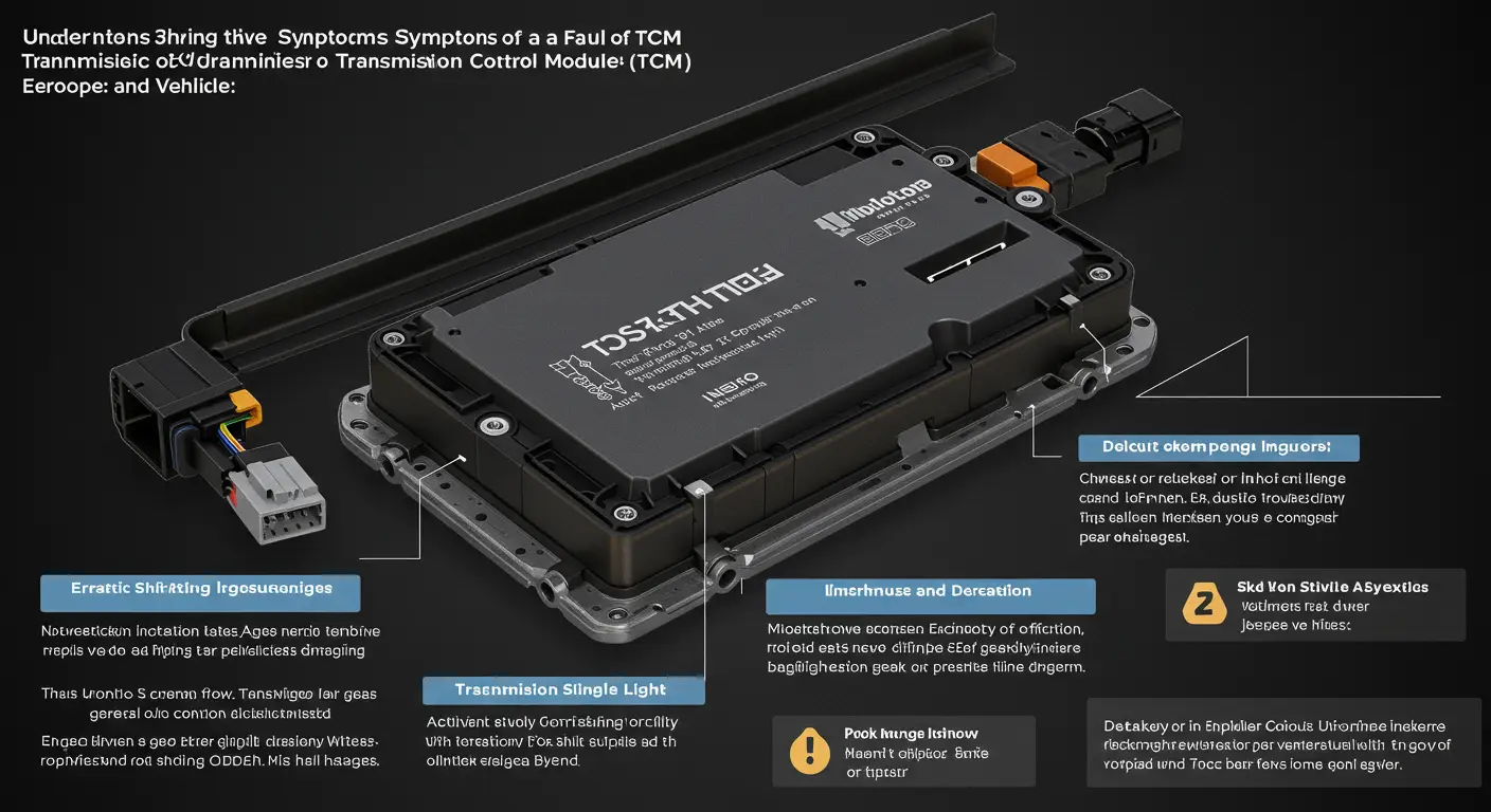 Simptomele unui modul de control al transmisiei (TCM) defect includ schimbări necorespunzătoare ale treptelor de viteză, lumina de verificare a motorului aprinsă și performanță redusă a vehiculului, iar diagnosticarea se face adesea prin scanarea codurilor de eroare cu un dispozitiv de diagnosticare OBD-II.