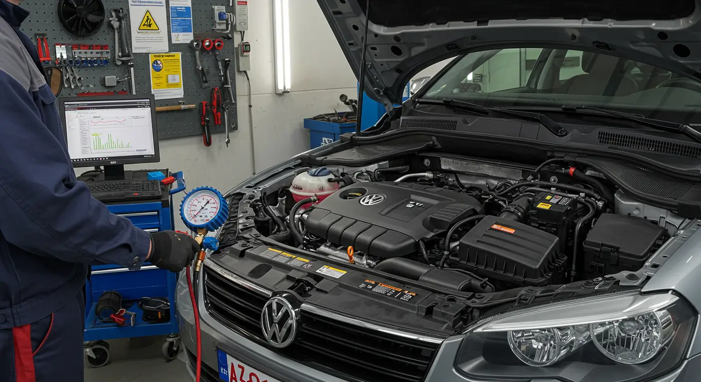 Text alternativ în română: „Un mecanic auto efectuează un test de presiune a sistemului de alimentare cu combustibil, folosind un manometru conectat la motor, pentru a verifica integritatea și funcționarea corectă a sistemului.”