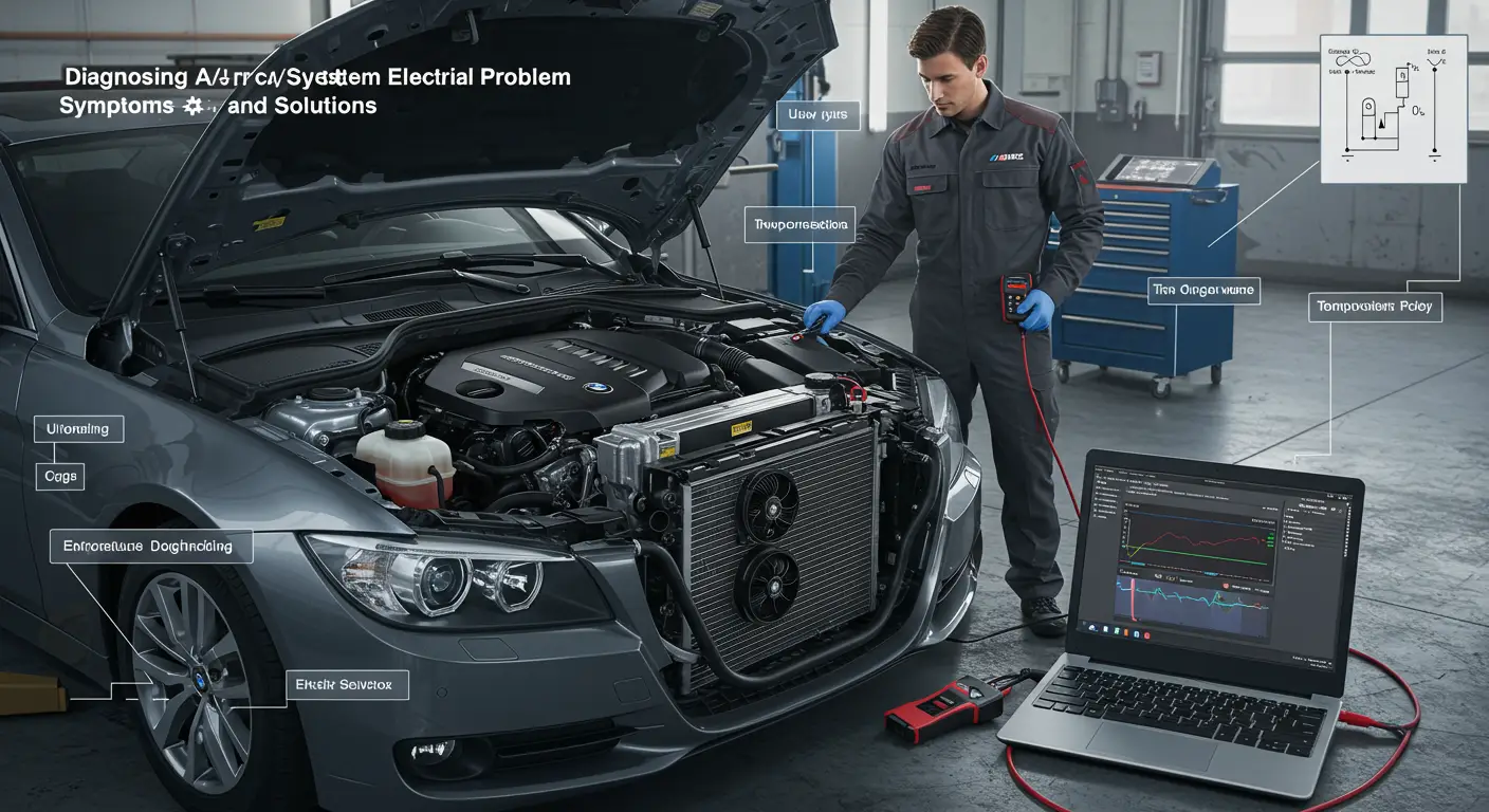 Text alternativ pentru o imagine despre diagnosticarea problemelor electrice ale sistemului de aer condiționat auto: Un mecanic auto utilizează un multimetru pentru a testa conexiunile electrice ale sistemului A/C al unei mașini, în timp ce explică simptomele și soluțiile posibile.