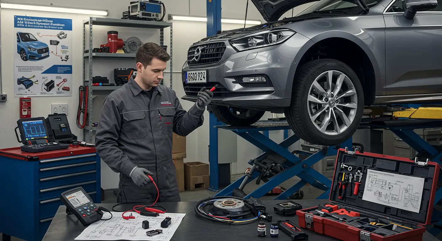 Textul alternativ pentru imagine: Un mecanic auto se apleacă lângă roata unei mașini, verificând senzorul de viteză ABS, cu uneltele necesare pentru diagnosticarea și repararea problemei.