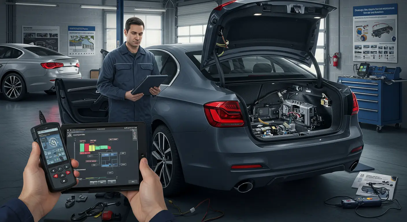 Textul alternativ pentru imaginea „Diagnosing Faulty Power Trunk or Tailgate Systems – Symptoms and Solutions” ar putea fi: „Imagine reprezentând un mecanic auto care inspectează sistemul electric al portbagajului unei mașini, evidențiind simptomele și soluțiile problemelor la sistemele de închidere automată a portbagajului sau hayonului.”