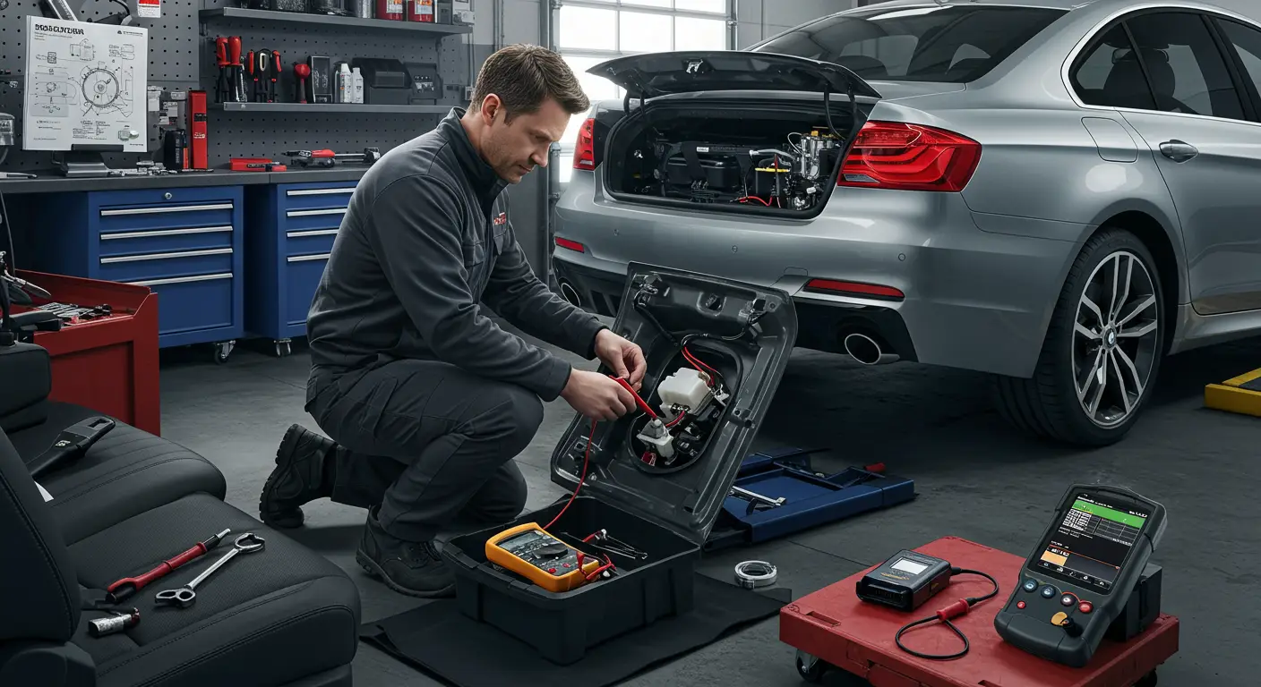 Textul alternativ pentru o imagine despre detectarea și repararea problemelor cu unitățile de trimitere a combustibilului ar putea fi: „Un mecanic auto verifică și repară unitatea de trimitere a combustibilului unui vehicul, folosind un multimetru pentru a măsura rezistența.”