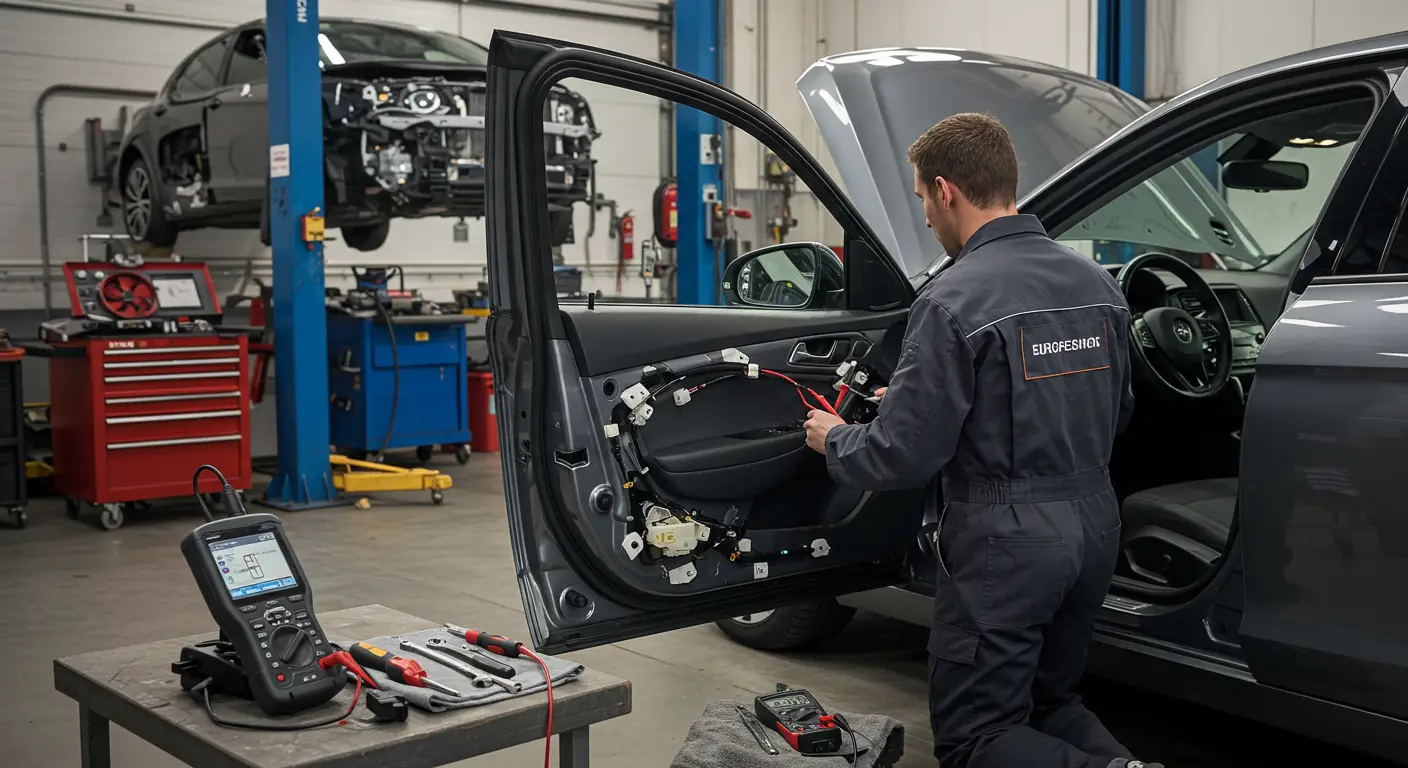 Textul imaginei arată un mecanic auto care folosește un multimetru pentru a verifica sistemul electric al unui geam automat defect la o mașină, ilustrând pașii de bază pentru depistarea problemelor legate de geamurile automate.