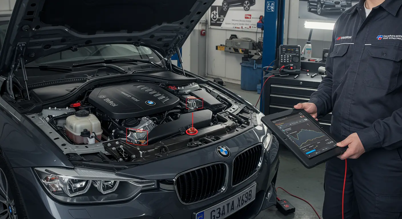 Textul imaginei arată un mecanic care utilizează un scaner de diagnosticare pentru a identifica problemele intermitente cauzate de senzorii defecți ai unui automobil.